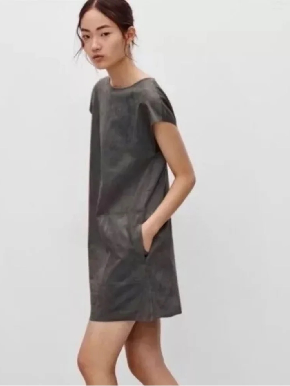 Aritzia Wilfred Free Dark Grey Nori Faux Micro Suede Boxy Cut Dress Size XSmall